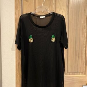 Black Mesh Top with Pineapple Embroidery
